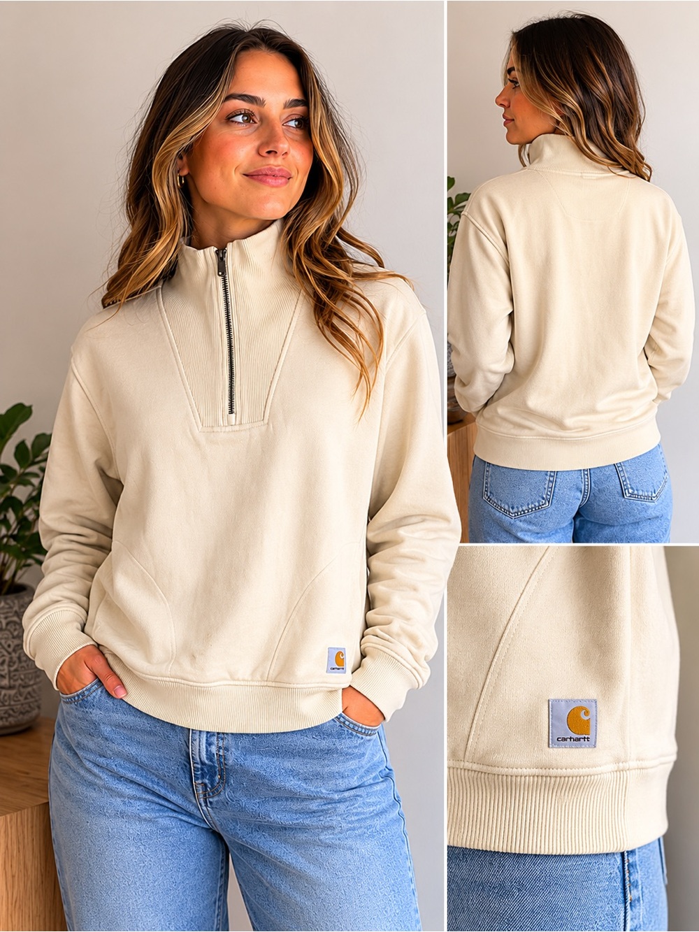 Carhartt TENCEL Fiber Cream Quarter Zip Pullover Sweatshirt Women’s L RelaxedFit